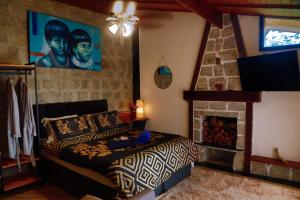 a bedroom with a bed and a fireplace at Minas Em Marambaia in Rio de Janeiro