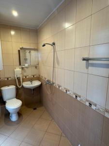 a bathroom with a toilet and a sink and a shower at Guest House FAMILY in Plovdiv +51 photos