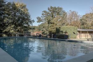 a swimming pool in a yard with chairs and trees at Cabañas Sol de las Sierras in Tandil