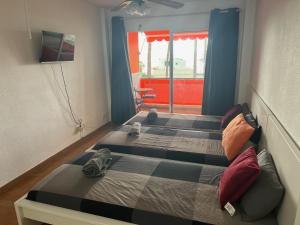 two twin beds in a room with a window at Edificio Comodoro in Los Cristianos