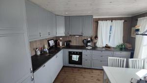 a kitchen with gray cabinets and black counter tops at Bjørkefinken by Norgesbooking - cabin for hiking and skiing in Tisleidalen