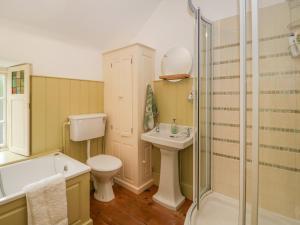 ein Badezimmer mit Toilette, Waschbecken und Dusche in der Unterkunft Teacher's Cottage in Presteigne + 8 Fotos