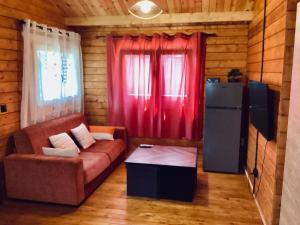 圣若瑟Bungalow cosy, tout confort的带沙发和冰箱的客厅