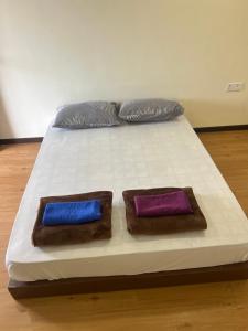 Kampong HilirThe Seashell Melaka Pool View Upper Room的床上有两张不同的彩色枕头