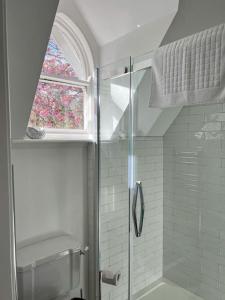 a bathroom with a shower with a glass door at Stone Gate lodge with Private Hot Tub in Boardmills