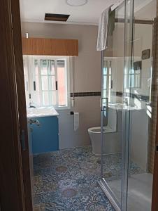 a bathroom with a shower and a toilet and a sink at Casa Duarte, Airiños de Xil in Meaño +15 photos