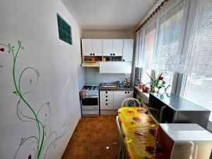 a small kitchen with white cabinets and a stove at Cozy Blue Apartment Prešov in Prešov