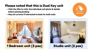 吉隆坡Sunway Velocity 2 -- Dual Key X Child Friendly with Comfy Home by Cowidea的酒店房间两张照片的拼贴画