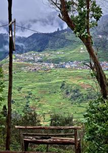 a wooden bench sitting on top of a hill at Wrongturnclub hilltop adventure stay in Kūkkāl