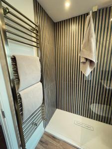 奥特韦尔Living Like a Local at Dotties的一间带淋浴的浴室,墙上配有毛巾