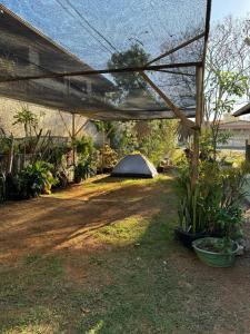a tent in the middle of a yard at Camping e Ateliê Calango in Alto Paraíso de Goiás