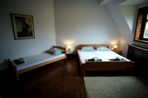 a bedroom with two beds and two lights on the wall at Marija centar 4 in Srbobran