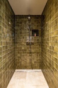 ein Bad mit einer Dusche und grünen Fliesenböden in der Unterkunft Große Pause Altes Schulhaus Schweigen in Schweigen-Rechtenbach + 44 Fotos