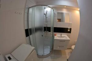 a bathroom with a glass shower and a sink at Pokój jednoosobowy do wynajęcia w mieszkaniu in Toruń