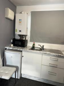 a kitchen with a sink and a microwave at Cosy 1 Bedroom Bungalow Between Basildon & Wickford in Nevendon
