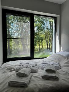 a bed with three towels on it with a window at Lavender Resort in Molėtai