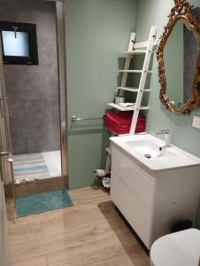 a bathroom with a sink and a mirror and a shower at Appartement piscine in Vence +6 photos