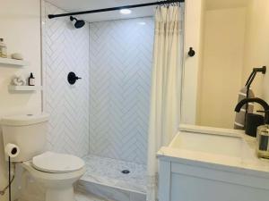 a bathroom with a white toilet and a shower at Brand New Basement Apt with Hot Tub in Colorado Springs