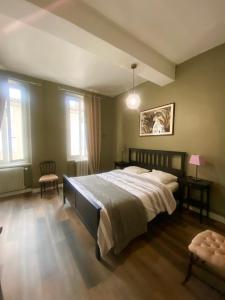 a bedroom with a large bed and two windows at Maison de Maître L Oustal des Halles avec salle de cinéma, billard & Jacuzzi in Castelnaudary