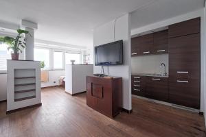 ワルシャワにあるCozy And Bright - City Center - Zgoda 13のキッチン(木製キャビネット、薄型テレビ付)