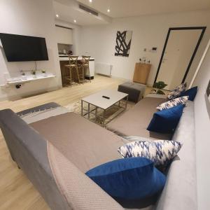 Una sala de estar con un sofá y un televisor. en Horizon appartement, en La Marsa
