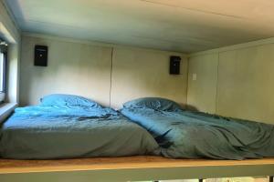 a bed sitting on a wooden shelf in a room at Le petit nid des Mésanges in Volckerinckhove