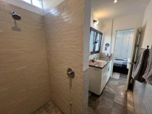 a bathroom with a shower with a sink and a mirror at CASA MAC San Miguel de Allende in San Miguel de Allende +79 photos