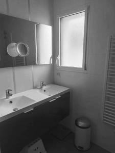 a bathroom with a sink and a mirror and a window at Maison de vacances spacieuse et lumineuse, proche Nantes et mer in Treillières +6 photos