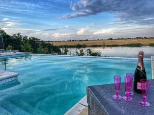 a bottle of wine and glasses next to a swimming pool at Casa de la Lac in Baloteşti