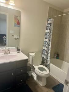 a bathroom with a toilet and a sink and a shower at Home Away in Hanover +10 photos