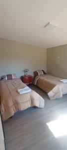 a room with two beds and a table at Cabañas La Serena in Chicoana
