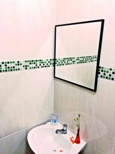 
a white sink sitting under a mirror in a bathroom at Pousada Lagamar in Praia Vermelha
