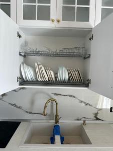 a kitchen sink with a faucet and some plates at Villa Pasha Tirane in Tirana