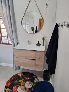a bathroom with a sink and a mirror at Rooiheuwel Cottage in Wellington