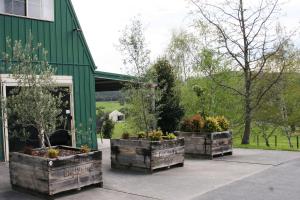 três plantadores de madeira sentados fora de um edifício verde em The Barn at Charlottes Hill em Healesville