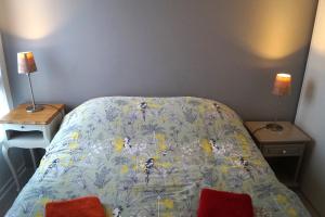 a bedroom with a bed and two tables with lamps at Appartement calme et lumineux à 5 mn de Paris in Saint-Denis +5 photos