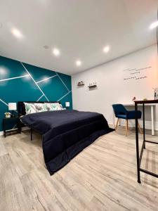 a bedroom with a bed and a desk and a whiteboard at Private Room Near Airport K8 in Mississauga