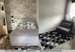 a bedroom with a bed and a chair at Harz Fewo Eulennestchen L2 in Altenau