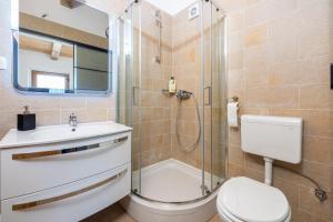 a bathroom with a shower and a toilet and a sink at Nature Holiday Home in Grižane +29 photos