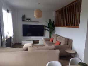 un salon avec deux canapés et une télévision à écran plat dans l'établissement Casa completa Loredo Beach, à Loredo