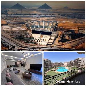 a collage of two pictures of a soccer stadium at Pyramids Luxury apartment in Cairo