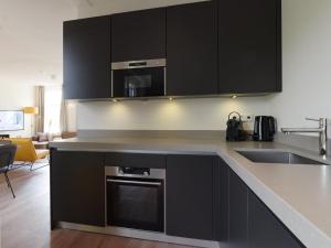 a kitchen with black cabinets and a sink at Holiday Home Ganuenta-1 by Interhome in Colijnsplaat