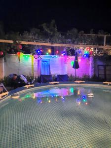 a swimming pool at night with christmas lights at Sunshine house in Pančevo