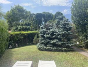 a garden with two white benches in the grass at Villa Natura appartamento Open Space con giardino in Trento