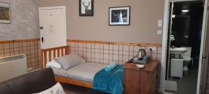 a small bedroom with a bed and a sink at Bannockburn Inn in Helmsdale