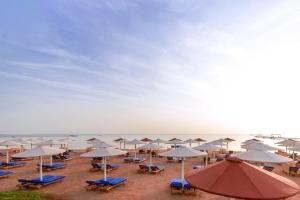 沙姆沙伊赫Pickalbatros Laguna Vista Aqua Park - 24 HRS All Inclusive的有椅子、遮阳伞和大海的海滩