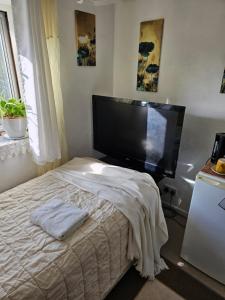 ein Schlafzimmer mit Bett und Flachbildfernseher in der Unterkunft Cuisinease in Ollerton