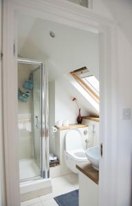 a bathroom with a shower and a toilet and a sink at Jaffas Loft Room in London