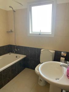 a bathroom with a toilet and a sink and a window at Valentine Family Villa in Kiti +20 photos