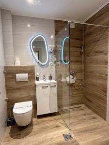 a bathroom with a shower and a toilet and a sink at Villa Ponte in Pančevo +56 photos